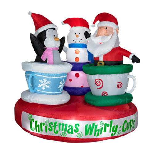 Animated Christmas blowups and inflatable tea cup with santa claus